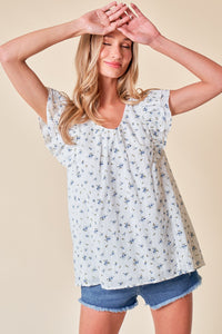Swiss Dot Floral Print Ruffle Top with Button Back