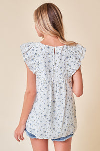 Swiss Dot Floral Print Ruffle Top with Button Back