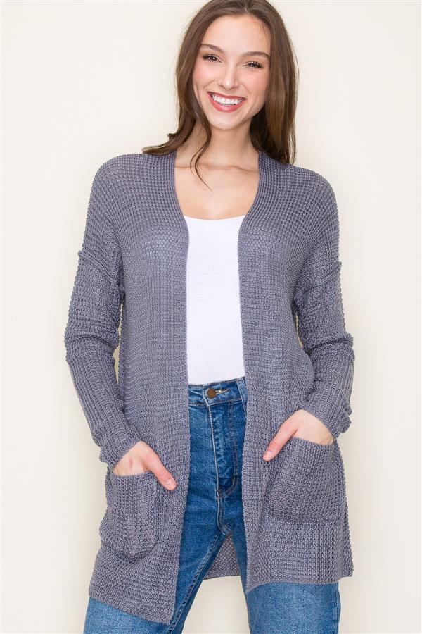 OPEN FRONT WAFFLE SWEATER CARDIGAN