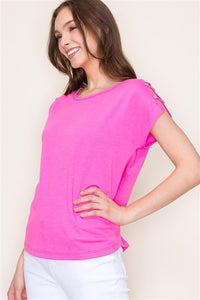 CUT OUT BUTTON DETAILED SHOULDER, SOLID TERRY TOP