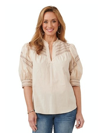 Puff sleeve cuffed ruffle split neck embroidered woven top