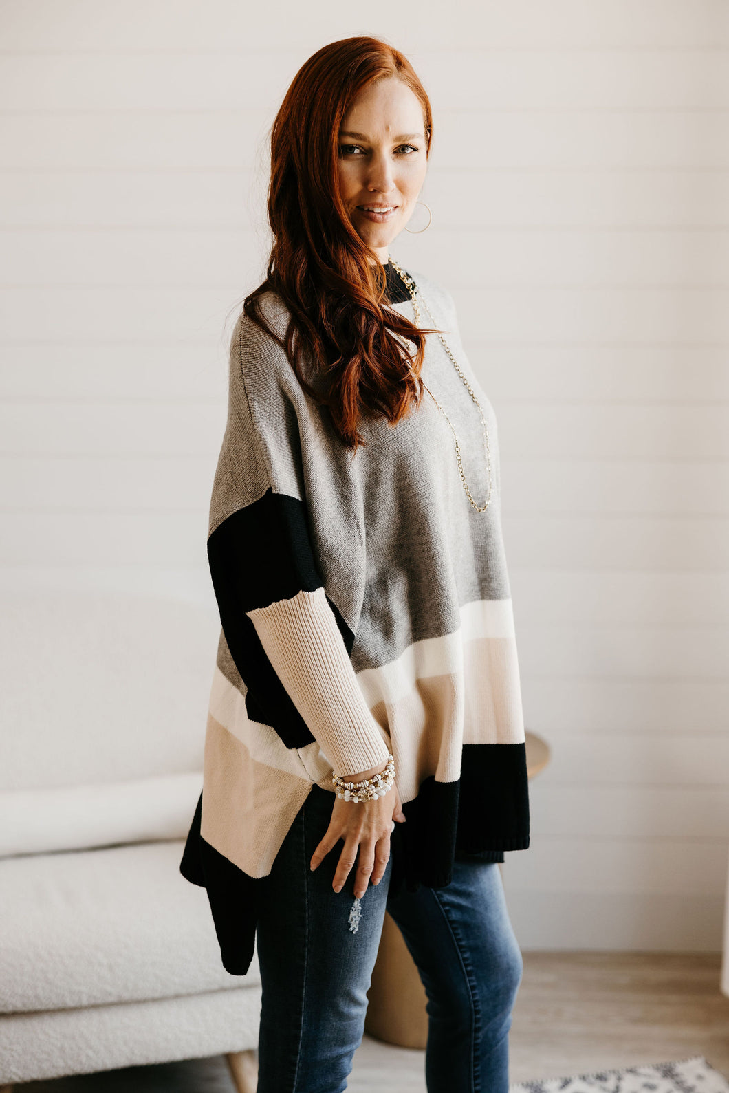 Color Blocked Poncho Style Sweater