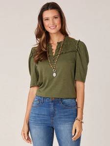 Embroidered Puff Sleeve Top w/ Half Button Placket