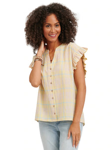 EXTENDED RUFFLE SLEEVE, STAND COLLAR NECK, BUTTON DOWN TOP