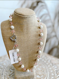 Mac&Me white pearl/pink crystal heart clasp necklace