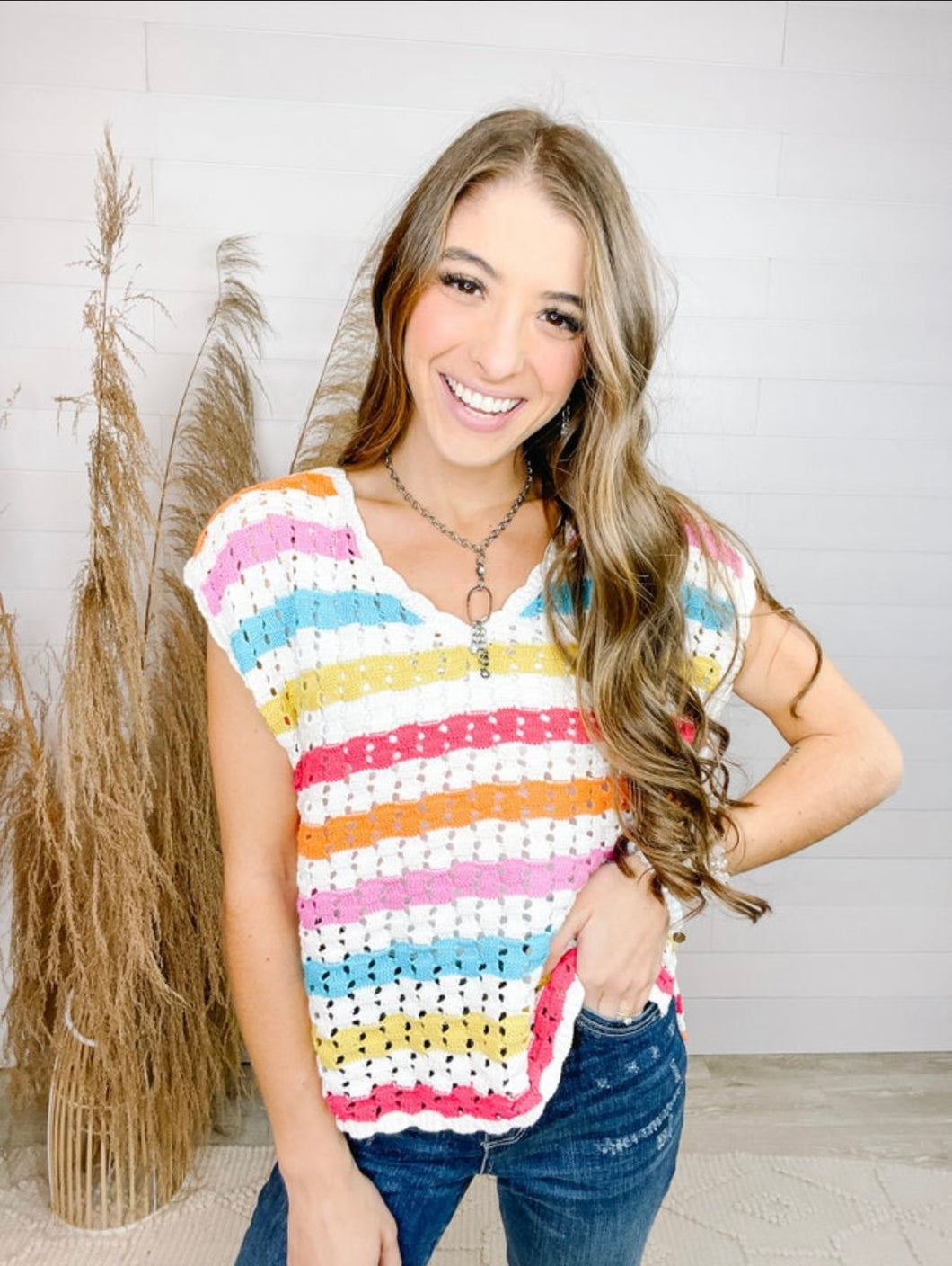 Multi color stripe crochet top